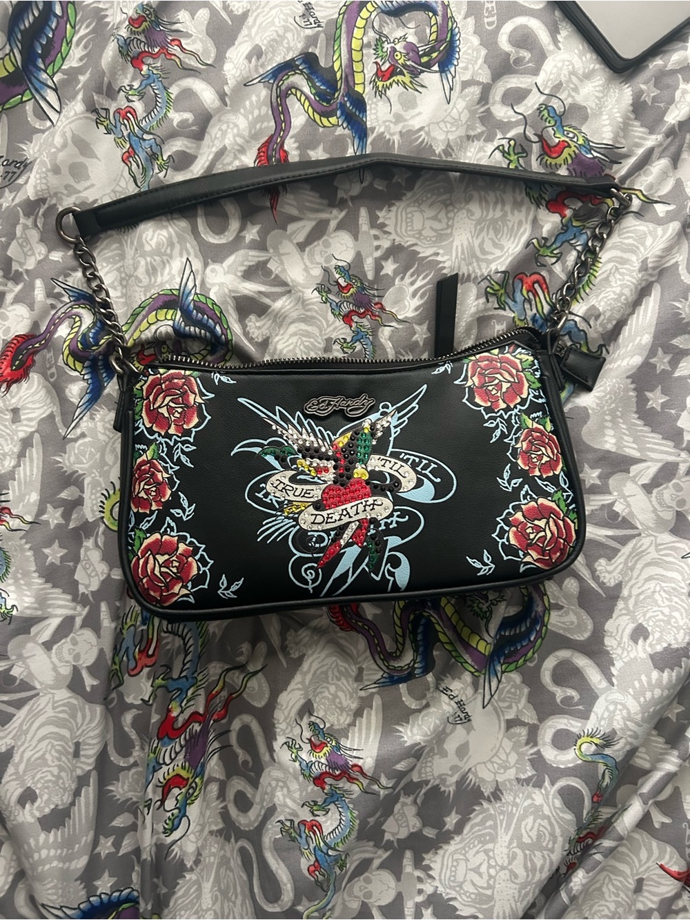 Ed Hardy Black Floral Heart & Jeweled Bird Shoulder Bag